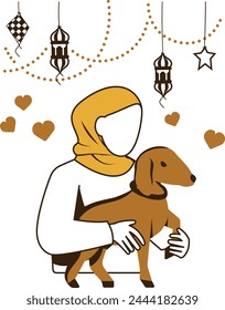 Muslim women wearing hijab and Holding cute Goat Concept, Village Girl Cuddling Small Sheep Vector Design, Eid al-Adha Eid-ul-Kabir Symbol, Hajj Sign, Muslims religious eve Stock illustration