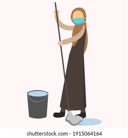 Muslim women wearing hijab and masks are cleaning the floor. Flat vector illustration