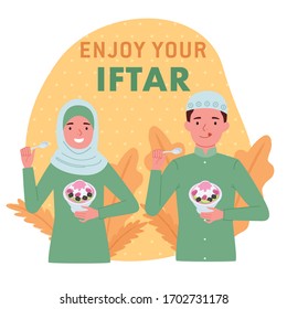 Muslim women wearing hijab and Muslim men are enjoying a dessert when breaking the fast or called iftar.  Iftar is the evening meal with which Muslims end their daily Ramadan fast at sunset.