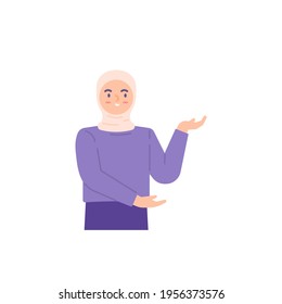 Muslim women, wearing hijab. a woman posing. present, wants to show something. SPG or Sales Promotion Girl. flat style. design vector illustration