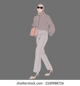 Muslim women's casual work clothes with long, dark pink shirts and young pink trousers were equipped with ladies' bags, hijab and sunglasses