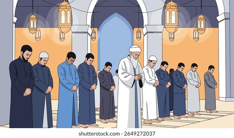 Muslim worshippers stand in prayer lines inside a mosque during religious service with elegant interior design and hanging lamps