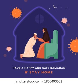 Muslim Young Boy And His Mother At Home To Prevent From Coronavirus On Blue Crescent Moon Background For Ramadan Festival.