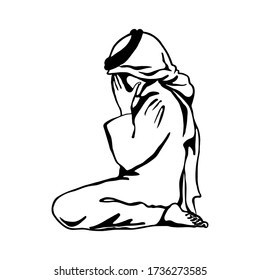 Muslim young man, boy praying namaz. Sketching vector religion illustration.