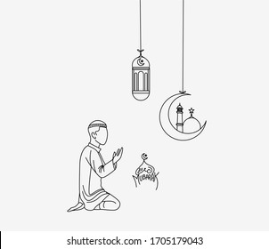 Muslim young man praying- eid mubarak, vector Illustration.