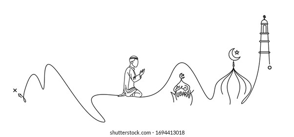 Muslim young man praying ( Fajr, Zuhr, Asr, Maghrib, and Isha ) - eid mubarak, vector Illustration.