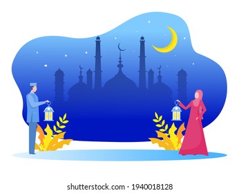 Muslim young man and woman bring lamp and walking to the mosque. Ramadan kareem illustration vector illustration