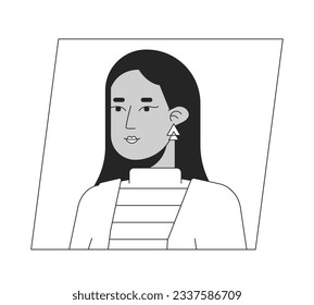 Muslim young woman black white cartoon avatar icon. Brunette with long hair. Editable 2D character user portrait, linear flat illustration. Vector face profile. Outline person head and shoulders