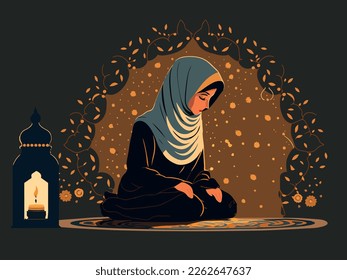 Muslim Young Woman Character Offering Namaz At Mat And Illuminated Lamp On Floral Motif Background With Copy Space. Islamic Religious Concept.