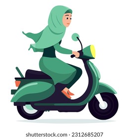 Muslim young woman with green veil driving a modern motorcycle on white background. Concept of muslim woman independence and autonomy.