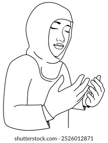 Muslim young woman praying and performing Dua. Vector outline illustration. Islam, hijab, worship.