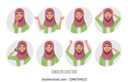 Muslim young woman wearing hijab. Set of emotions and poses