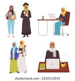 Muslim young women student or office employee wearing hijab and abaya. Cartoon Arabic girl college or university education. Vector flat illustrations set isolated on white