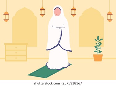 Muslimah doing salat on Ramadan vector design illustration