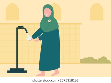 Muslimah doing wudu or ablution vector design illustration