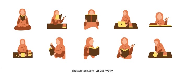Muslimah Learning flat illustration set. Include of learning, read, religion, and student. Vector illustration isolated.