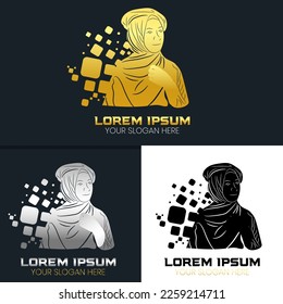 muslimah logo and hijab logo. symbol, fashion logo. Beauty muslimah hijab with design.Great Muslimah women with diverse talents exist.. have 3 color (gold, silver and black). eps 10 vector.
