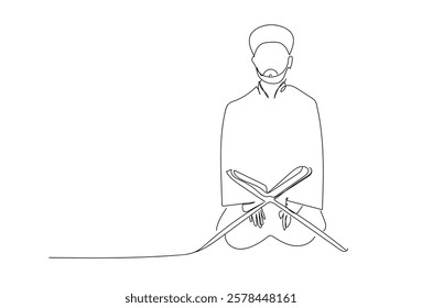 Muslimah pray line art illustration. Continuous line drawing of muslim man pray and raise hand. Ramadan Kareem concept. Hand made vector not AI.