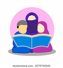 Muslimah vector illustration teaching her children. Generations of Knowledge: Shared Learning Across Time"