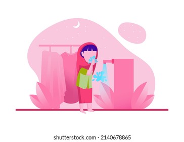 Muslimah  Woman Doing Wudhu Ablution, Washing Hands, Rinsing, Washing Face, Ears, and Feet Flat Illustration Vector Isolated. Suitable for Poster, Landing Page, UI, Mobile Apps, ang Website.