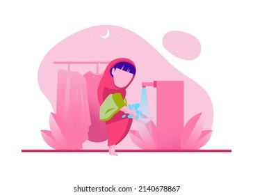 Muslimah  Woman Doing Wudhu Ablution, Washing Hands, Rinsing, Washing Face, Ears, and Feet Flat Illustration Vector Isolated. Suitable for Poster, Landing Page, UI, Mobile Apps, ang Website.