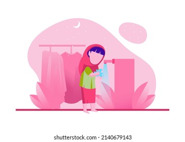Muslimah  Woman Doing Wudhu Ablution, Washing Hands, Rinsing, Washing Face, Ears, and Feet Flat Illustration Vector Isolated. Suitable for Poster, Landing Page, UI, Mobile Apps, ang Website.