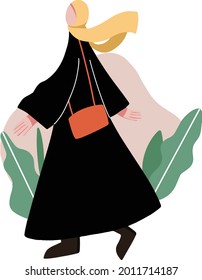 A Muslimah Women Walking With Abaya Flat Design Illustration