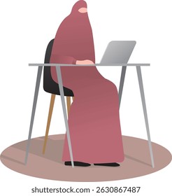 Muslimah working with laptop in her desk