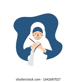 muslimah write some text in her notebook