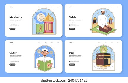 Muslimity digital illustrations for web. Showcases the pillars of Islam: Mosque, Quran reading, Salah, and Hajj. Flat vector design set