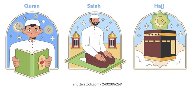 Muslimity essential practices set. Portraying Quran reading, Salah ritual, and Hajj pilgrimage in stylized illustrations. Flat vector design