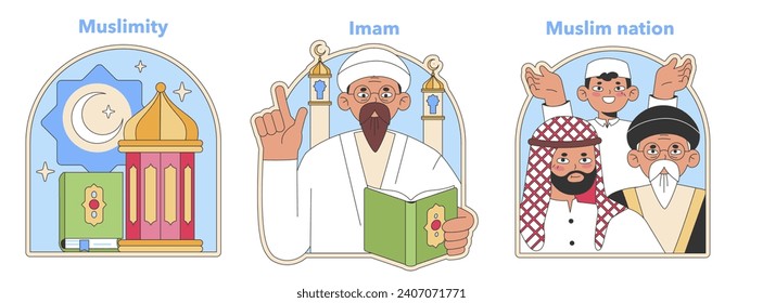 Muslimity set reflecting faith pillars. Illustrations show a mosque, an Imam guiding, and a diverse Muslim nation united. Flat vector style