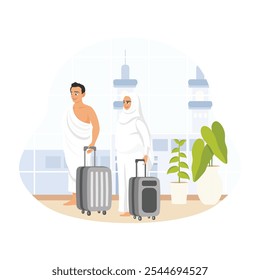 Los musulmanes llegan al aeropuerto de La Meca. Una pareja musulmana vistiendo ropa de ihram mientras llevaba maletas. Concepto de peregrinación islámica Hajj. Ilustración vectorial plana.