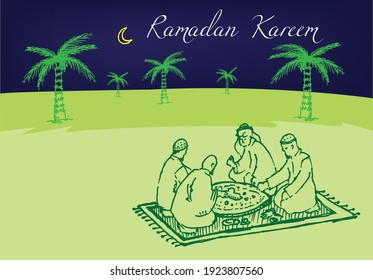 Muslims are breaking their fast while eating during sundown and when the crescent moon appears during the Ramadan month. Editable Clip Art.