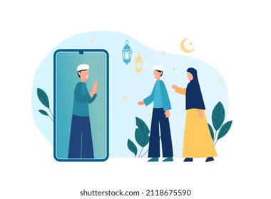 Muslims call by video. Communication of eastern families or friends. Modern technology, comfort and convenience. Happy greeting people, religion and traditions. Cartoon flat vector illustration