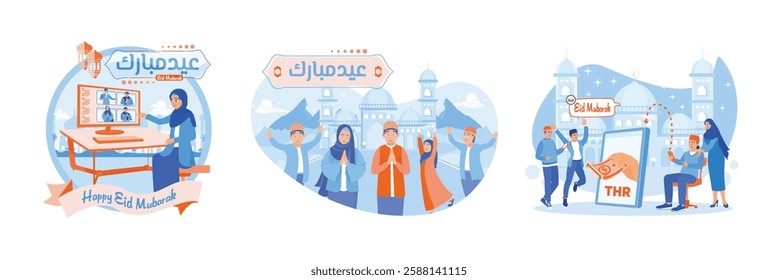 Muslims celebrate Eid al-Fitr online.Saying Eid al-Fitr happily. Sharing THR via an online banking application. Happy Eid Mubarak concept. Set flat vector illustration.