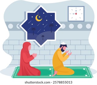 Muslims Couple kneeling in prayer facing Qibla concept, Person Raising hands in dua at Qadr Night vector icon Design,  ramadan and Eid al-Fitr Banner, Muslim fasting month scene, Arabic holidays stock