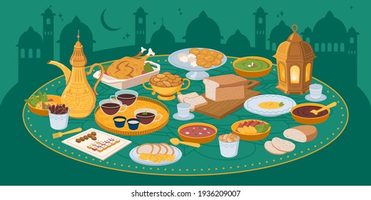 Muslims evening meal iftar, food and drinks on background of city mosques, arabian buildings. Vector Eid mubarak, Ramazan Kareem meal, bread, fruits vegetables, holy lamp. Ftoor muslims evening meal