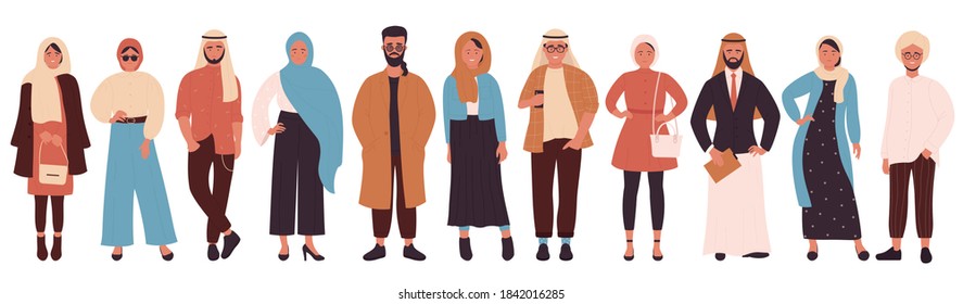 Muslims fashion vector illustration set. Cartoon flat Arabic fashionable modern clothes style for Muslim woman and man, female characters in hijab, male Arab saudi clothing isolated on white