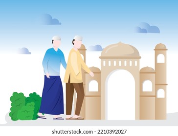 Muslims go to mosque, muslim people icon, mosque icon vector, flat cartoon style illustration.