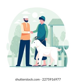 Muslims with goat on eid al-adha flat illustration