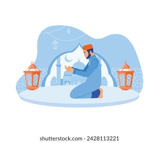  Muslims happily welcome and celebrate Ramadan and Eid al-Fitr. A mature man prays fervently. Ramadan Kareem concept. Flat vector modern illustration.