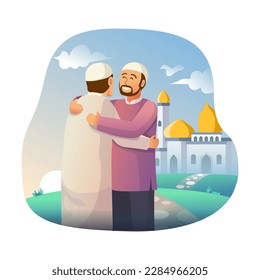 muslims hugging and wishing each other according to pray, eid al fitr vector, ramadan kareem