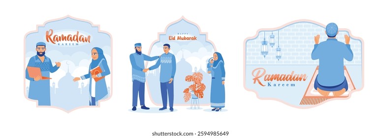 Muslims learn to read the Koran together. Muslim men shake hands with each other. Pray and raise your hands. Ramadan Kareem concept. Set flat vector illustration.