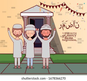 Muslims men cartoons celebrating ramadan eid mubarak outside house design, islamic religion culture belief religious faith god spiritual meditation and traditional theme Vector illustration