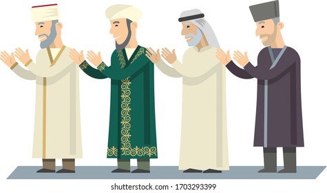 Muslims. Men in traditional Muslim clothes pray, stand. Flat illustration in vector style. Infographics