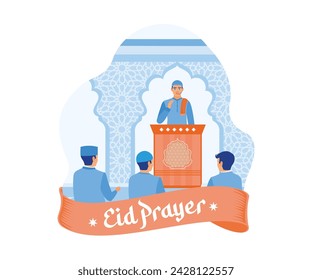 Muslims perform Eid prayers together. People listen to the sermon inside the mosque. Happy Eid Mubarak concept. flat vector modern illustration 