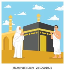 Los musulmanes realizan el peregrinaje Hajj. Hombres y mujeres con ropa de ihram frente a la Kaaba. Concepto de peregrinación islámica Hajj. Ilustración vectorial plana.