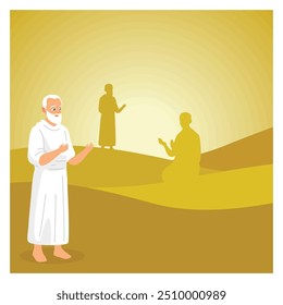 Los musulmanes realizan el peregrinaje Hajj. Hombre musulmán rezando en el desierto. Concepto de peregrinación islámica Hajj. Ilustración vectorial plana.