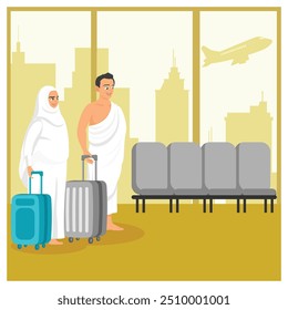 Os muçulmanos realizam a peregrinação ao Hajj. Um casal muçulmano vestindo roupas de carneiro e carregando malas no aeroporto de Meca. Conceito de peregrinação islâmica do Hajj. Ilustração de vetor plano.